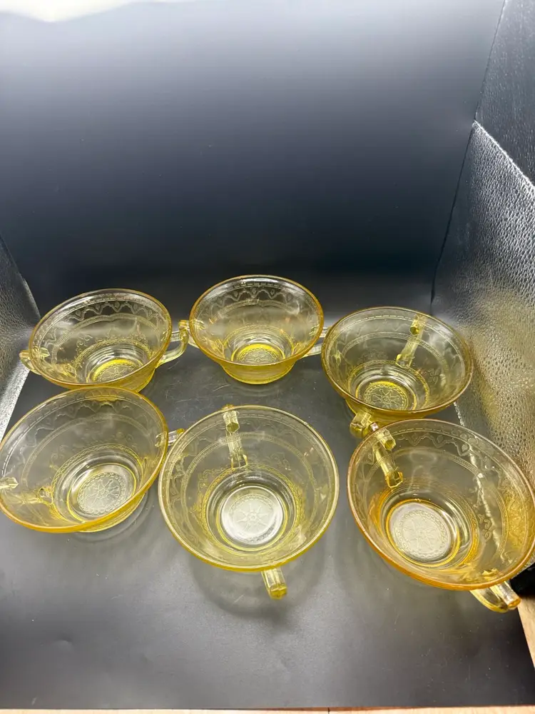 Set Of Six Federal Glass “Pateician” Yellow Depression Glass Double Handled Bowls.