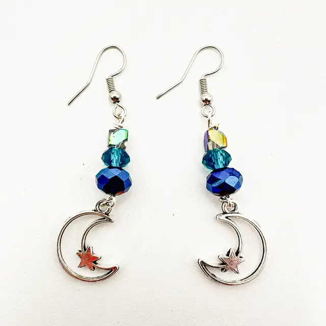 Moon Star Celestial Blue Beaded Silver Tone Earrings Handmade 2