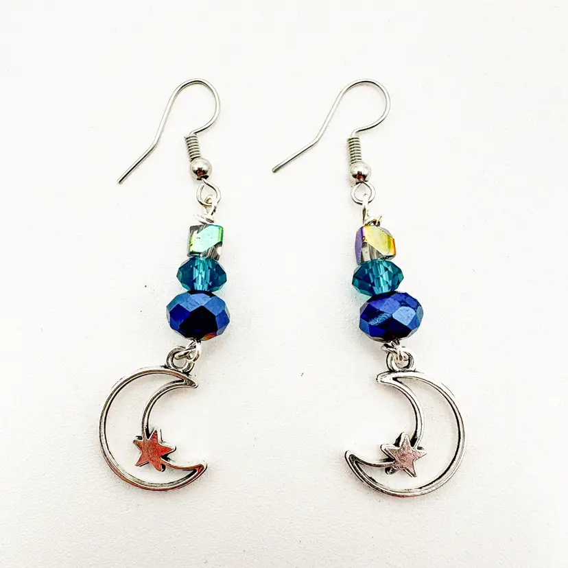 Moon Star Blue Beaded Silver Tone Earrings Handmade 2"