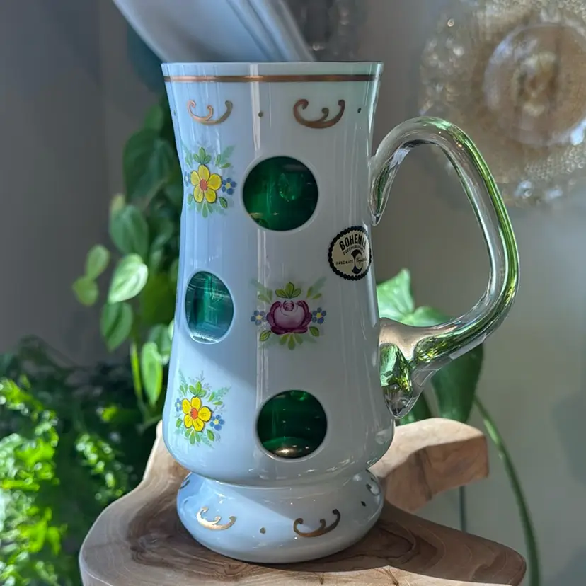 Bohemian Overlay Hand Painted Glass Pitcher