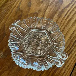 Clear pressed glass serving dish with honeycomb and dot pattern. 1930-1940s  
Handle To Handle Is 7 Inches