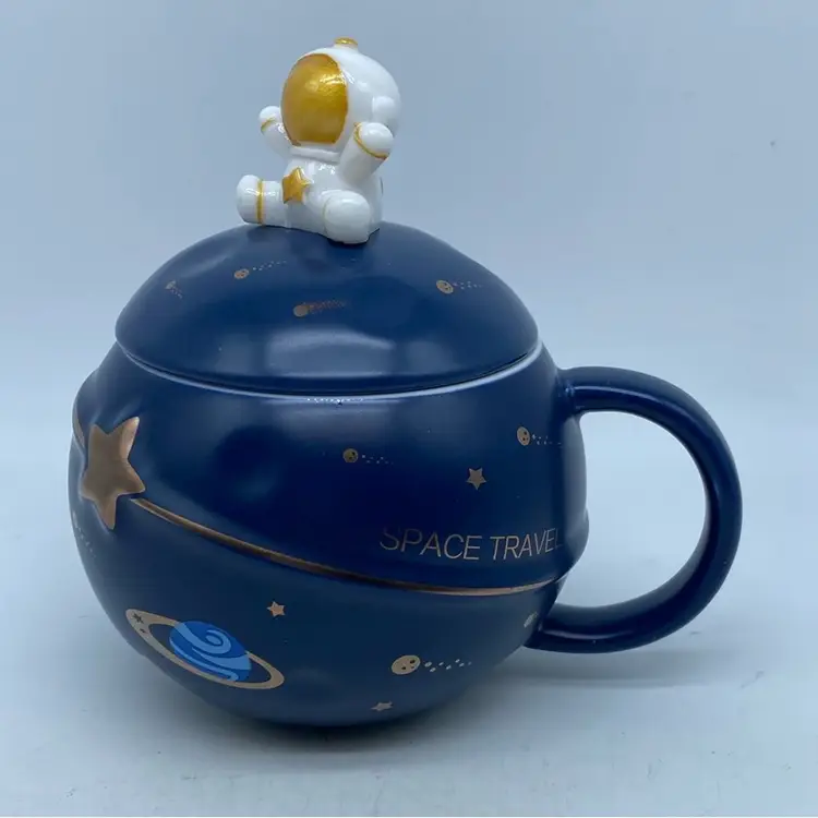 Yalucky Kawaii Astronaut Cup Space Embossed Planet Mug Inc. Spoon, Lid And Cup 5” x 5.5”