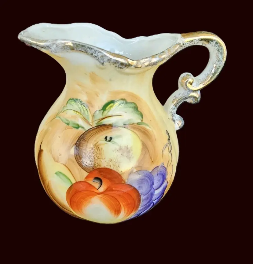 Vintage hand painted and gilded pitcher with fruit design