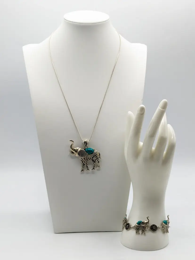 Silver Tone Elephant Necklace Matching Bracelet Faux Turquoise Jeweled Eyes