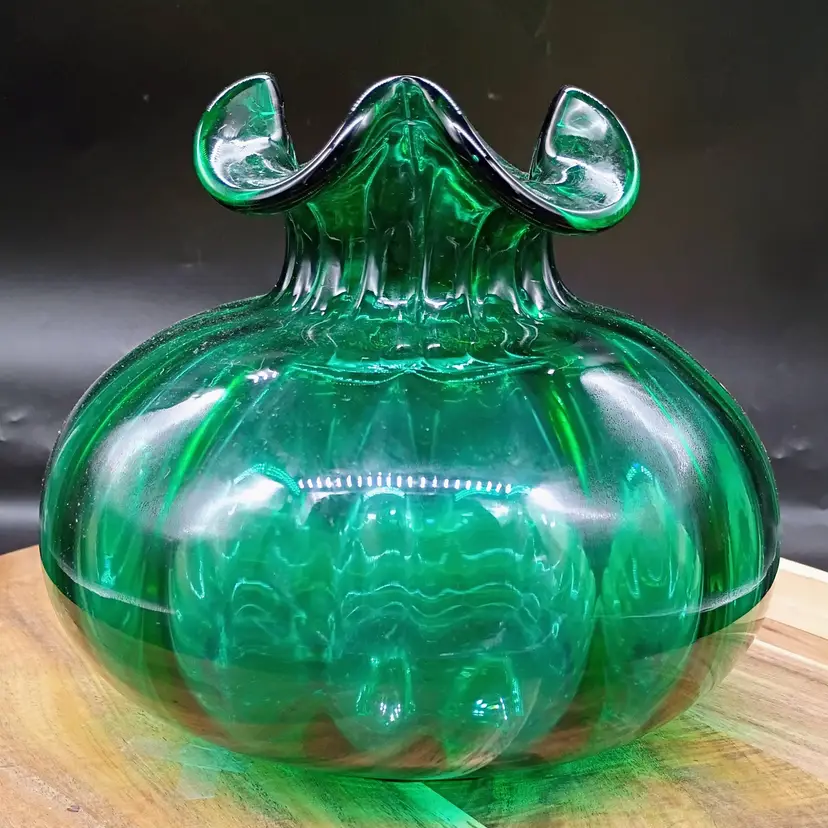Vintage Beacon Glass Co. Dark Green Ruffled Melon Bottom Vase 6.5" Tall