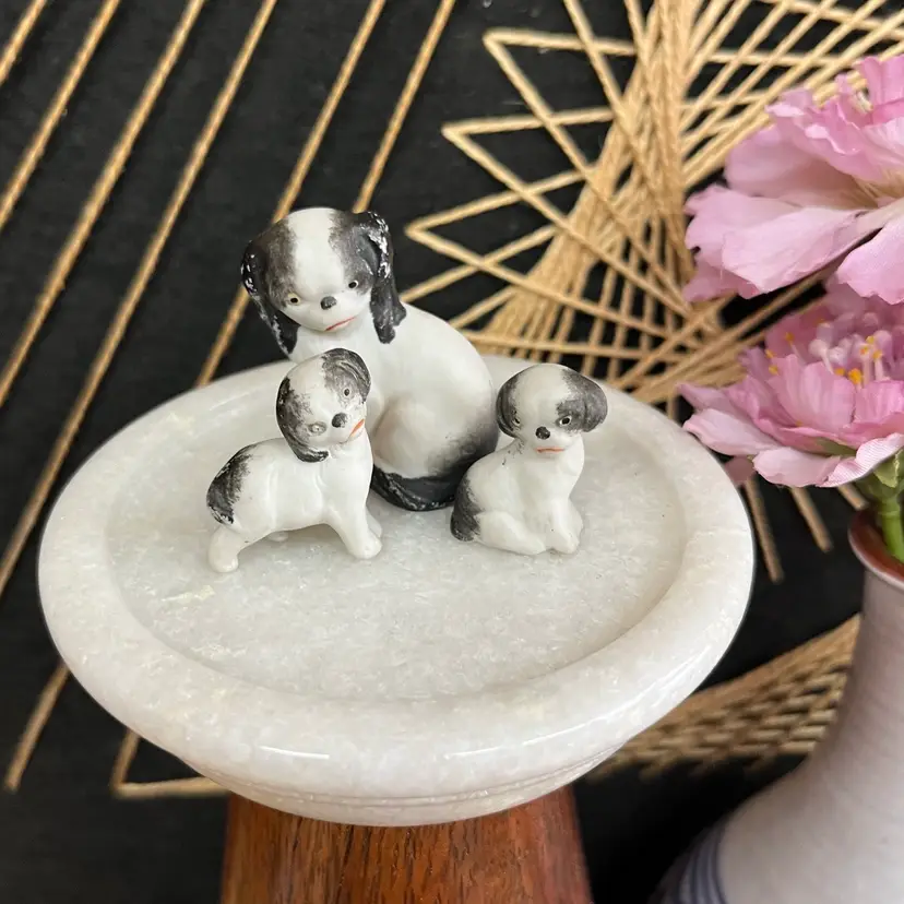 German Porcelain Bisque Miniature Pekingese Dog Figurines, Set Of Three Antique Porcelain Dog And Puppies Miniature Figurines