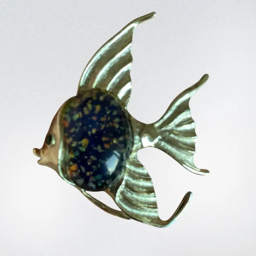 Vintage Silver Tone Angel Fish Brooch With Blue Confetti Belly