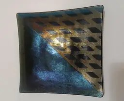 Kurt McVay Fused Art Glass Square Dish Dichroic Iridescent Blue Signed