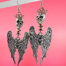 Winged Skull Queen Earrings. Silver-tone. Handmade by Me 🫶
