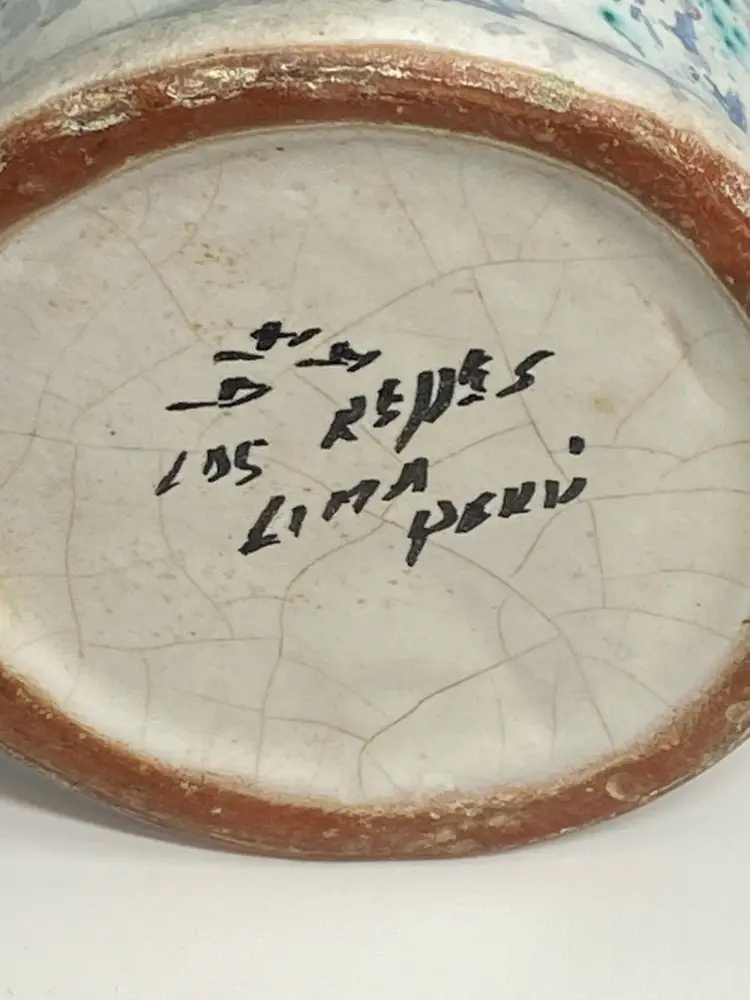 Peruvian Vase w/ Whimsical Hand Painted Firgure, 6.75" Tall