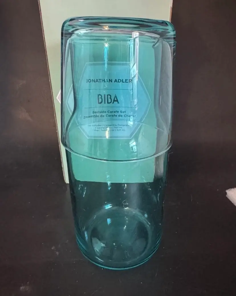 New Blue Glass Jonathan Adler Biba Bedside 25oz Carafe & 10oz Cup Set