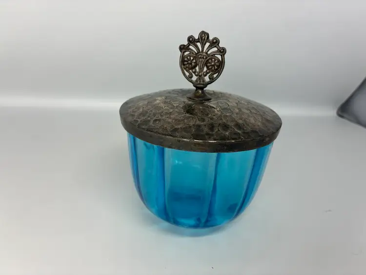 Glowy Blue Glass And Silver Tone Top/Lid And Finial
