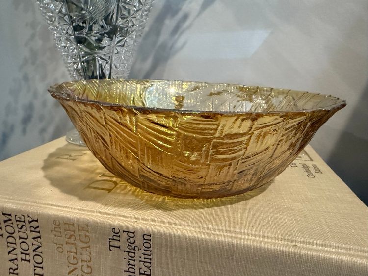 Indiana Carnival Glass Basket Weave Pattern Large Gold Bowl Irridescent