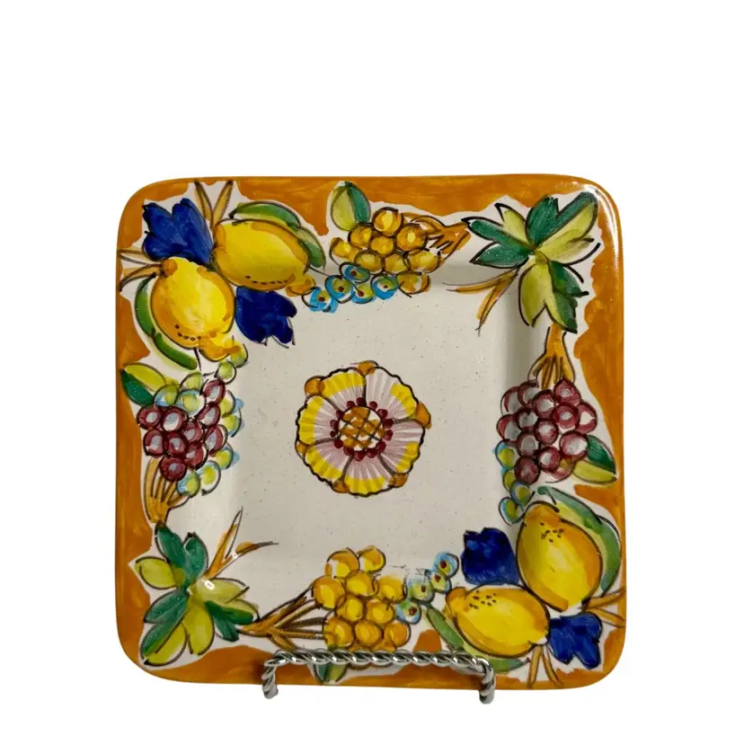 Pottery Wall Art/Trinket Tray Hand Painted Fruit Yellow•Orange•Blue•Purple Italy Signed
6-1/4” W x 1” H