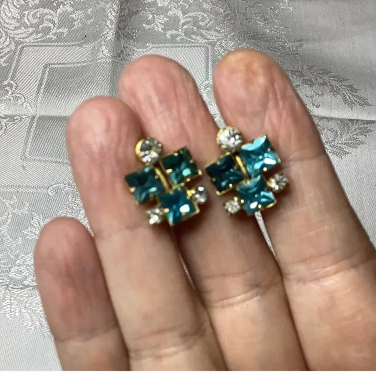 Vintage MCM Blue And Clear Rhinestones Screw Back Gold Tone Earrings