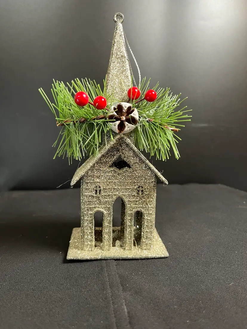 Silver Glitter Tall Steeple Church Ornament w/ Pine Bough, Red Berries