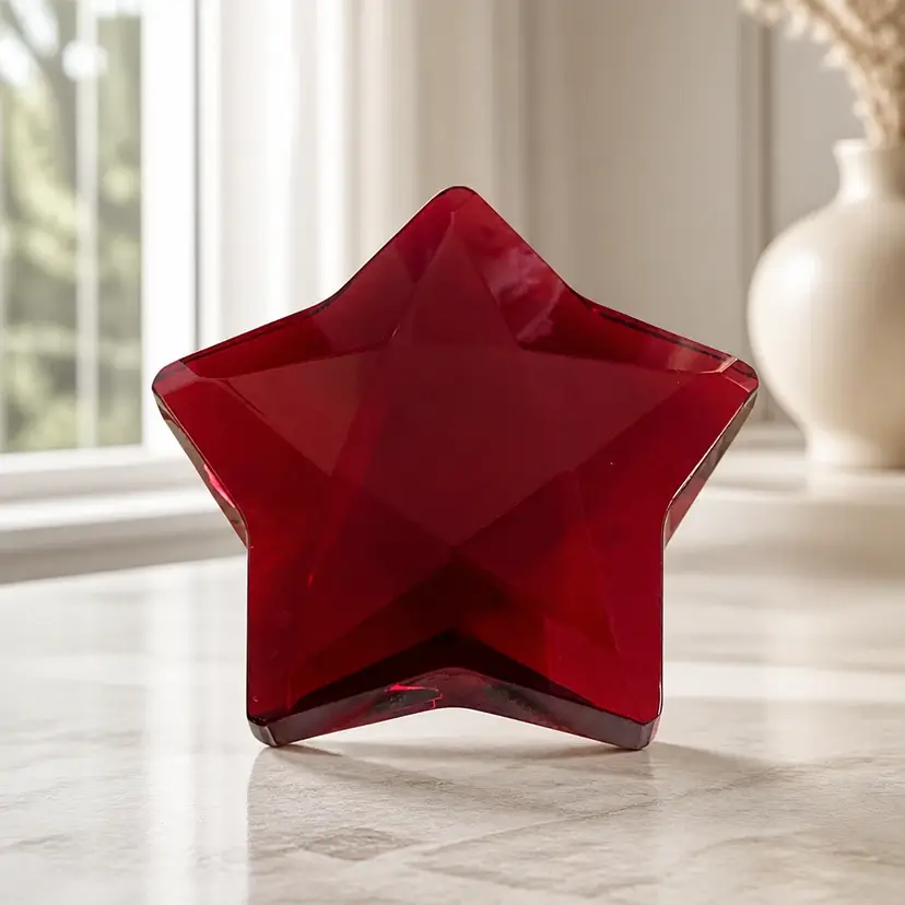 Rosenthal Red Ruby Crystal Star Paperweight, Artist Signed, 4