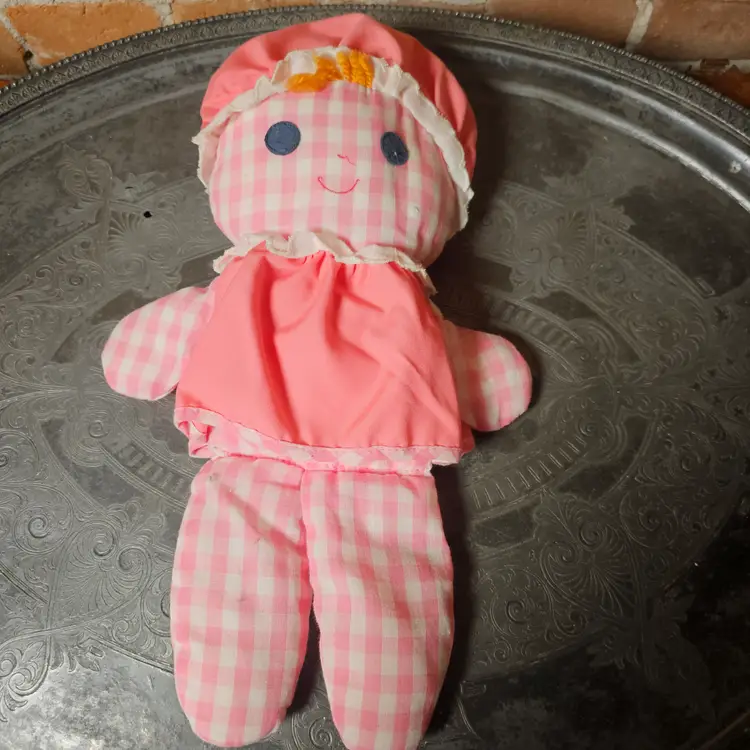 Vintage Fisher Price Lolly Doll Pink Gingham Plaid Cloth Baby Girl Toy Rattle