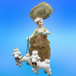 Ceramic Victorian Girl Tulle Ruffle Dress & Parasol Poodle Dogs On Chain Japan