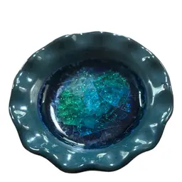 Art Pottery Trinket Ring Jewelry Dish Crushed Glass Bottom Teal Blue Green