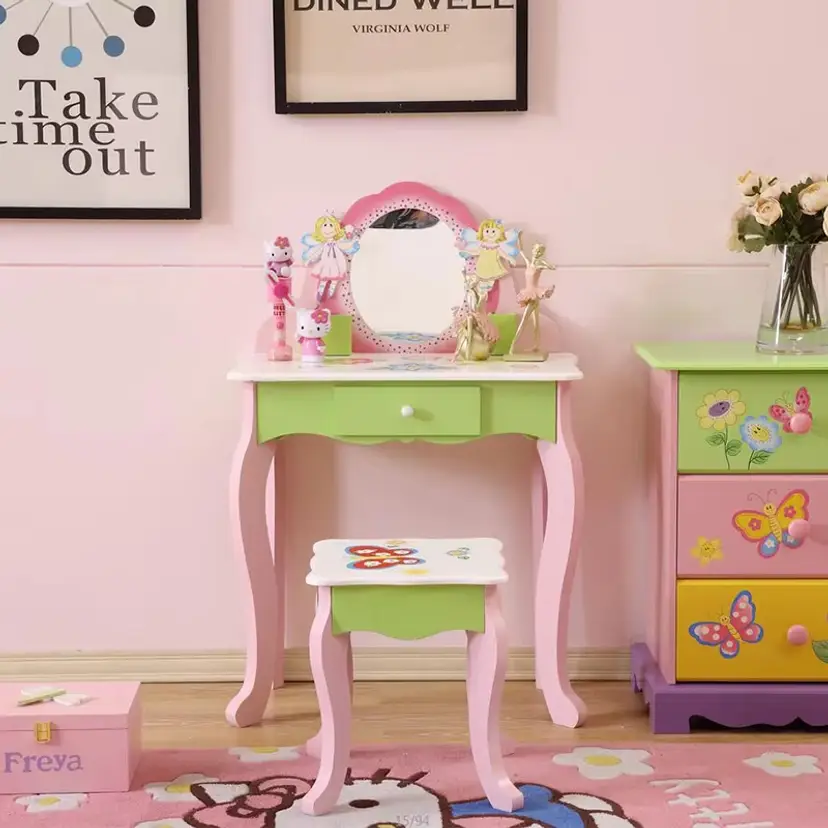 Princess Vanity Make Up Table Wooden Dressing Table With Mirror And Stool For Kids
