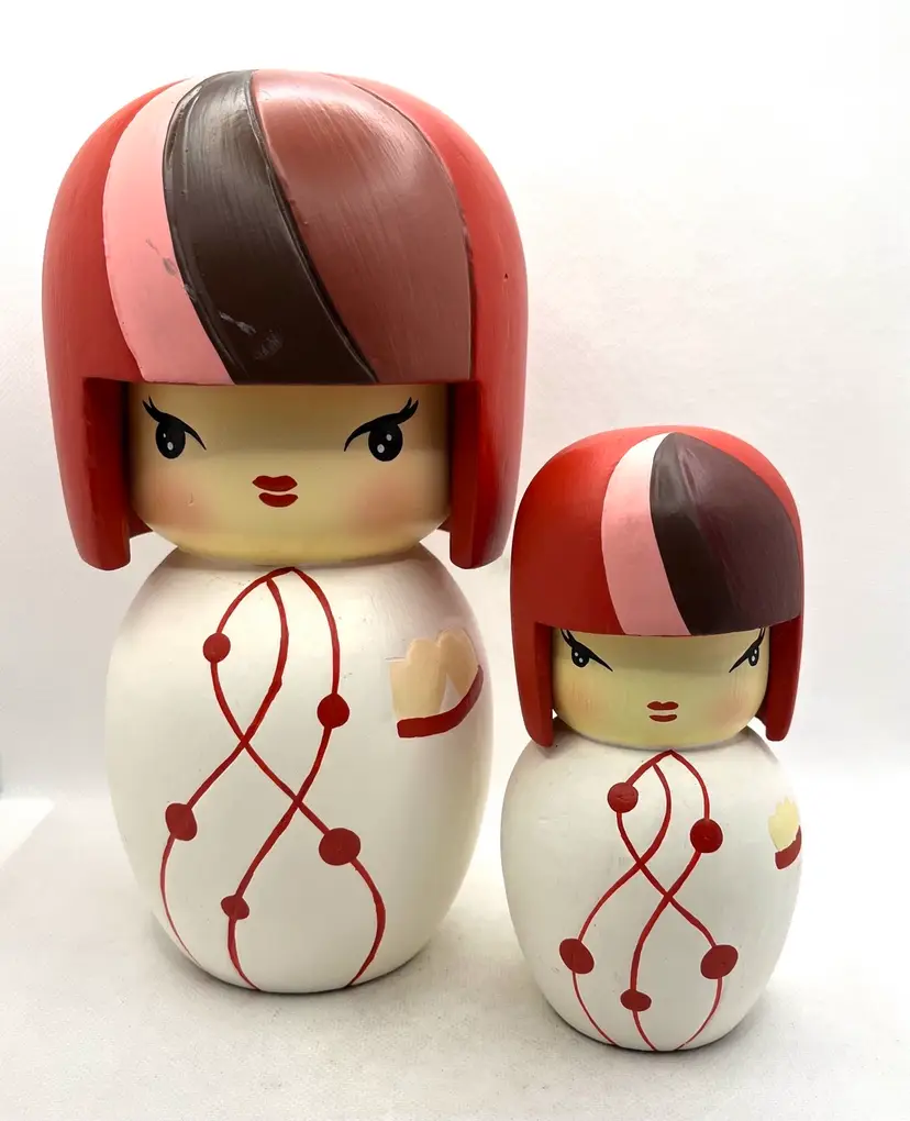 Japanese Wooden Kokeshi Dolls Large 9” Small  5.5” Pair Of 2 Pink White Red