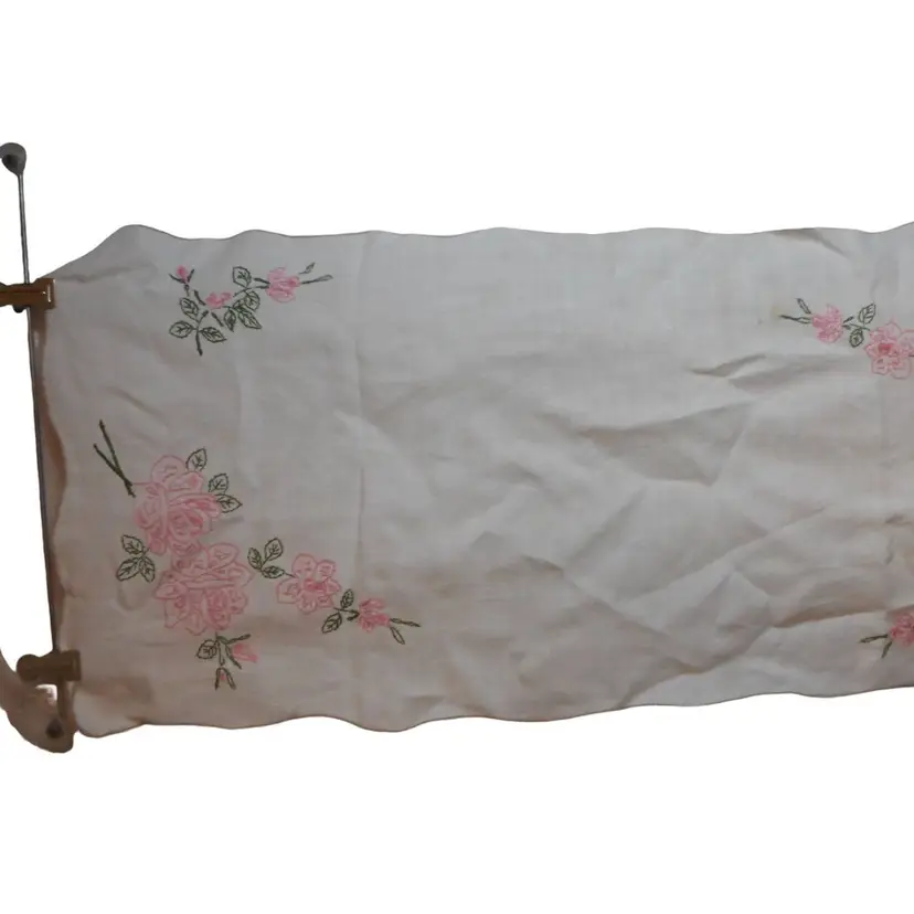 Vintage hand embroidered floral Pink Lace Dresser scarf runner