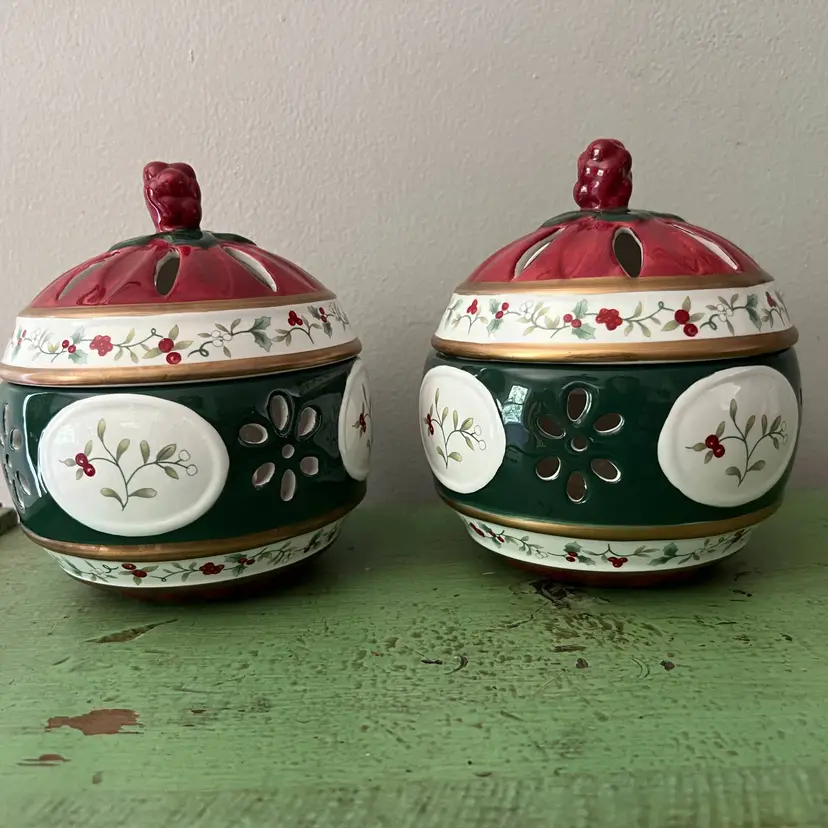 Set of 2- Pfaltzgraff Winterberry Tealight Candle Christmas Ball Pierced Light Holiday Ceramic Candle Holder