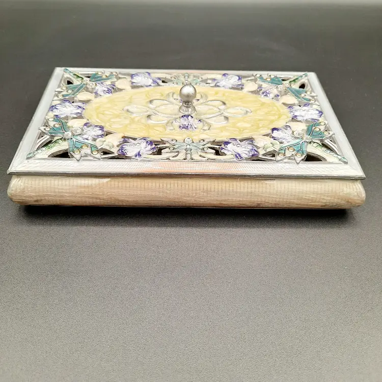 Dragonfly Flower Enameled Metal Mirrored Jewelry Vanity Boxe