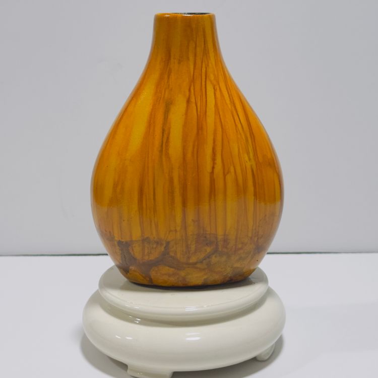 #50 "Little Brown Vase" Hand made and painted, sponge paint on bottom of vase, 6.25x4.25, oranges and browns