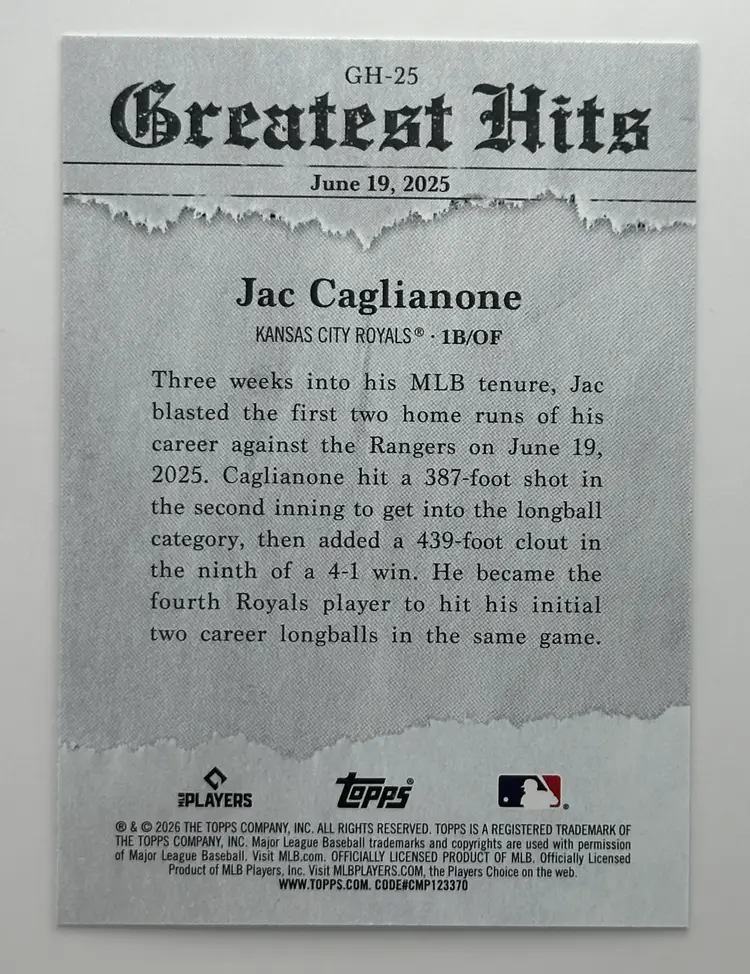 Jac Caglianone Topps Greatest Hits RC