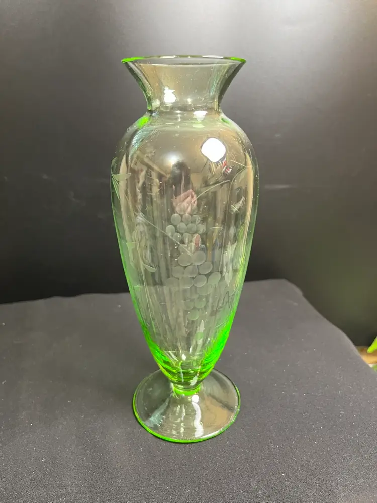 Barely There Green Glass Vase w/ Grape Etching, and a Pedestal