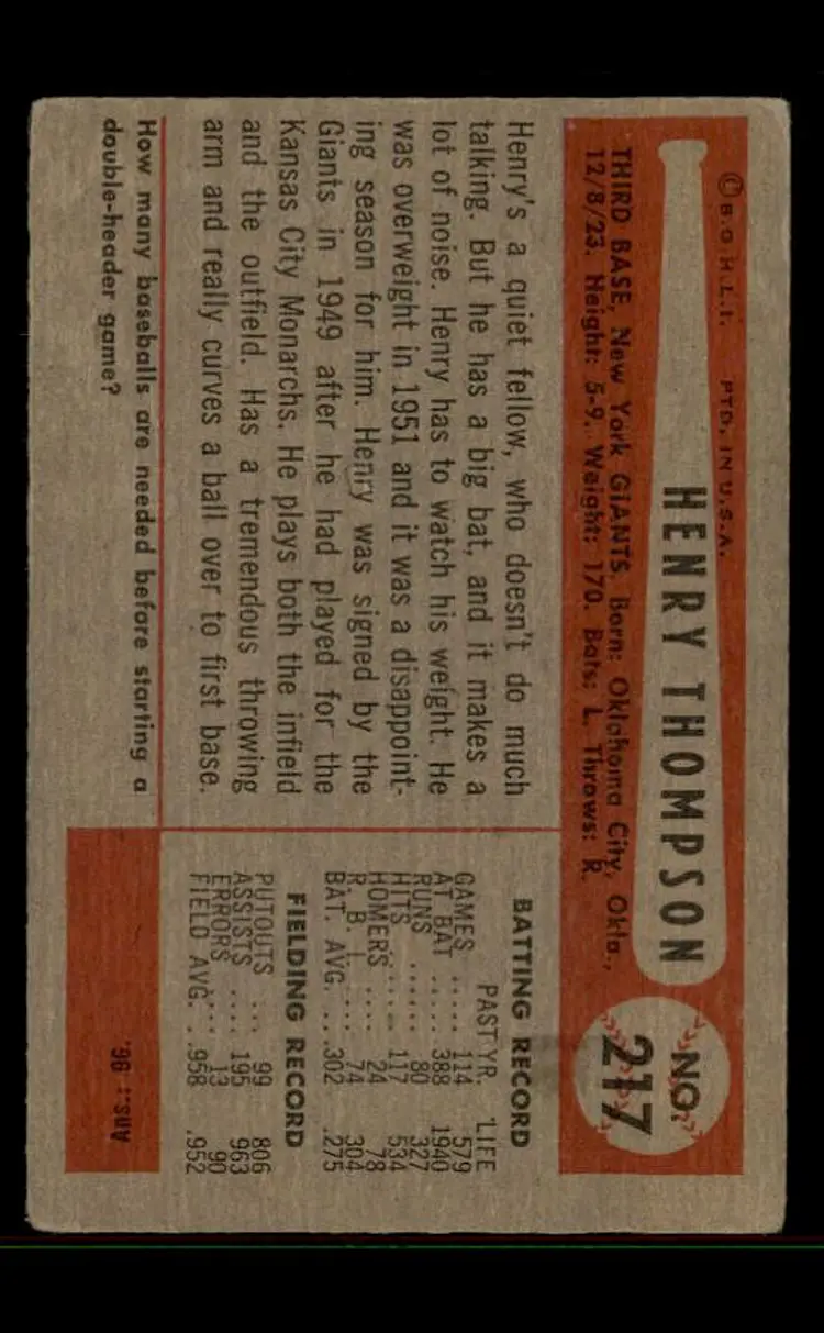 1954 Bowman #217b Hank Thompson - (pk-tl3) - New York Giants