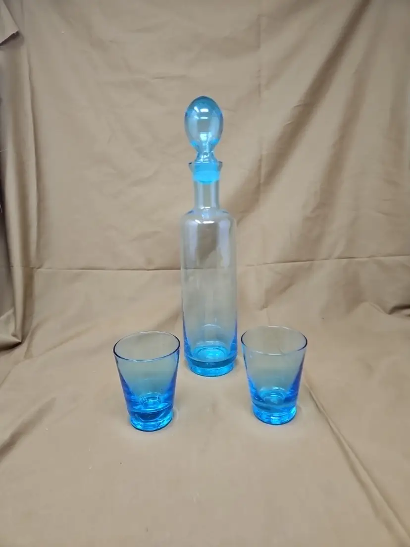 Vintage Blue Glass Genire Style Decanter With 2 Glasses