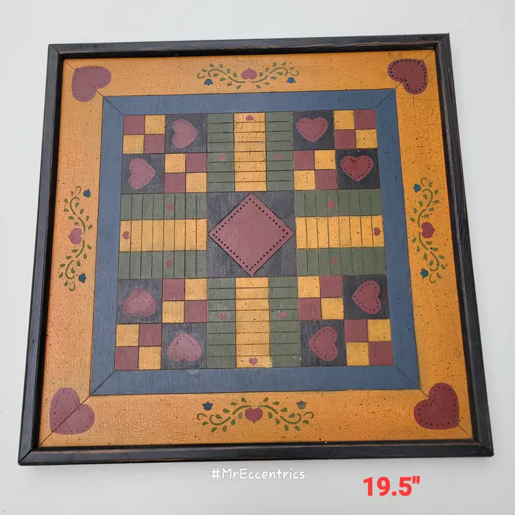Vtg cottagecore wall decor handmade parchessi game board artist signed 2002