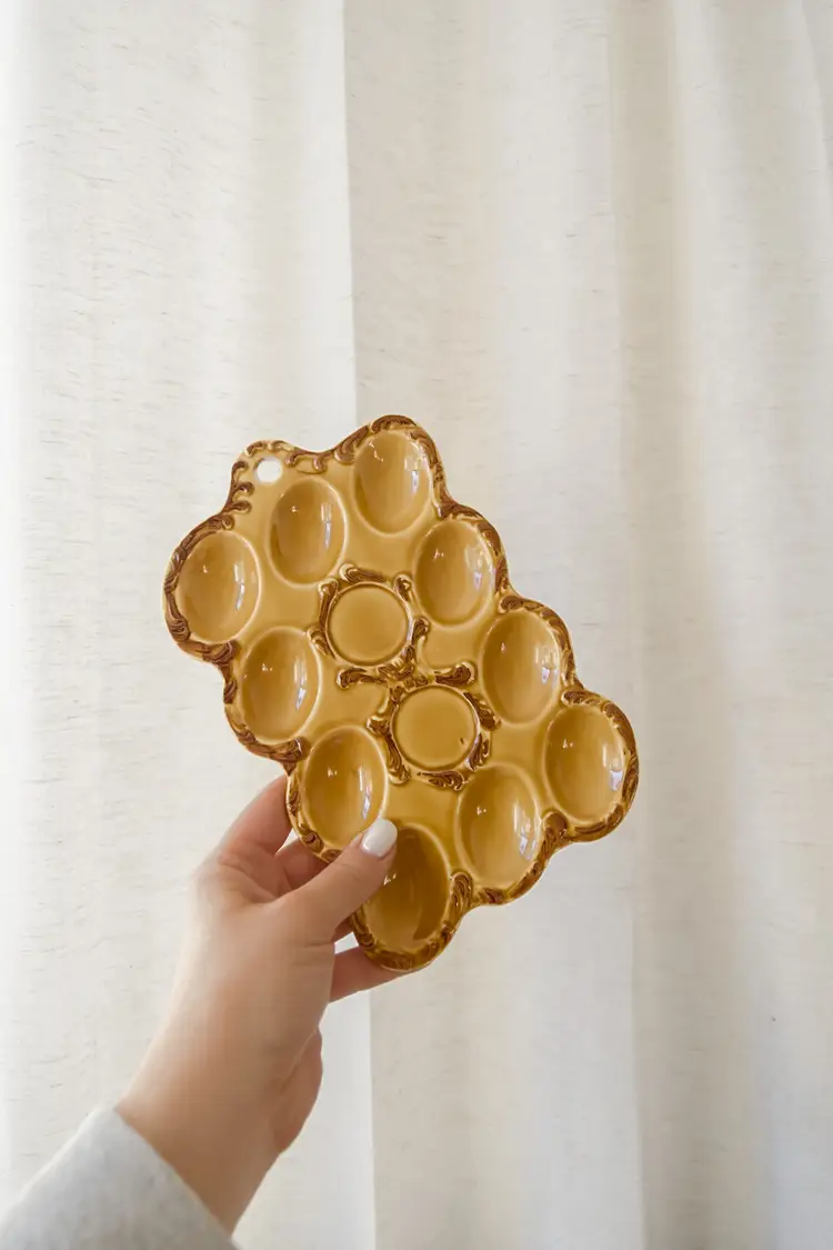 Vintage Japan Deviled Egg Platter Harvest Gold Ceramic Hanging Plate Server Tray