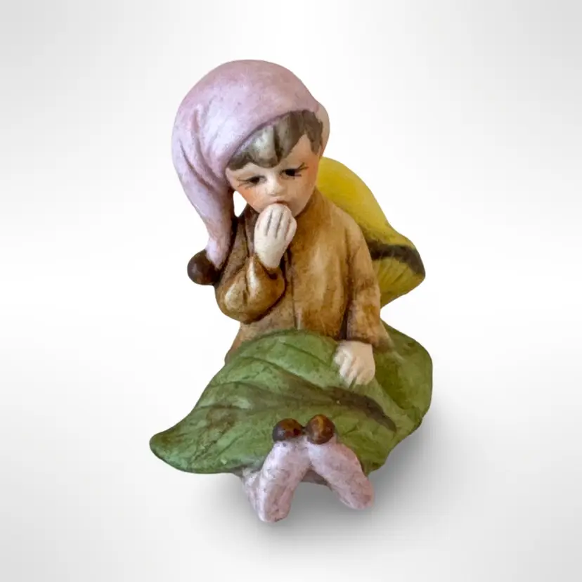 Vintage Josef Originals Fairy Garden Pixie Yawning By Mushroom Figurine