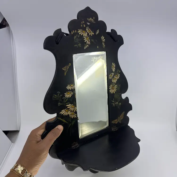 Antique Victorian Hand Painted Wall Shelf Beveled Mirror