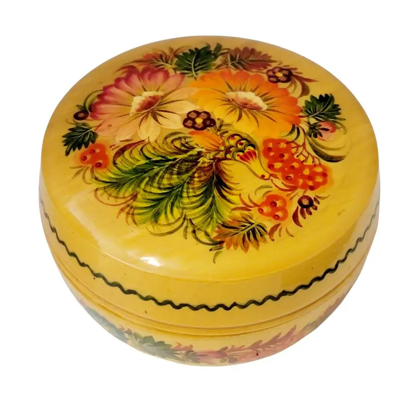 Vintage Lidded Wooden Jewelry Trinket Storage Box Painted Floral Tropical 2" Tall
