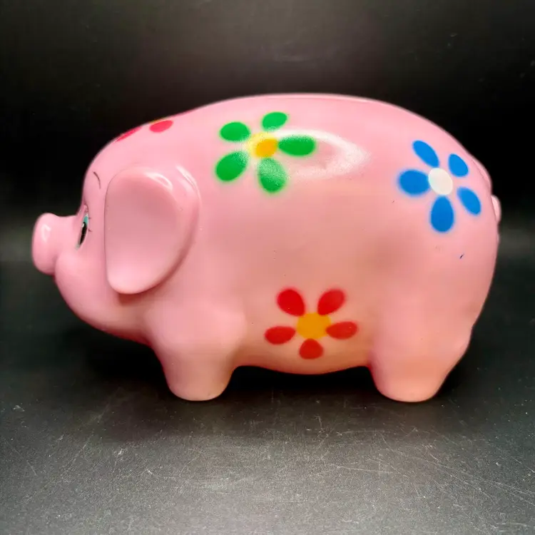 Pink Piggy Bank with Flowers Plastic 7” x 3.75”