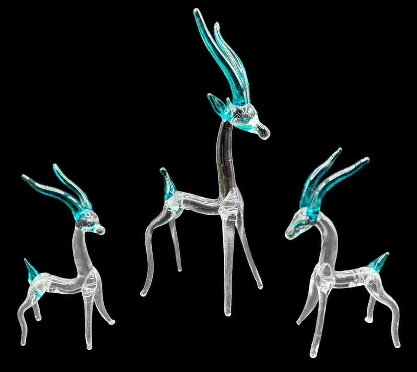 Set of 3 Hand Blown Art Glass Figurine Gazelle Antelope Deer Family Blue Clear