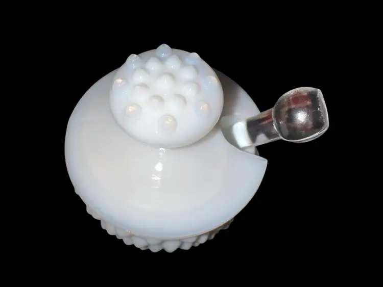 Fenton MilkGlass Hobnail Jam/Jelly Jar With Glass Scoop 3”