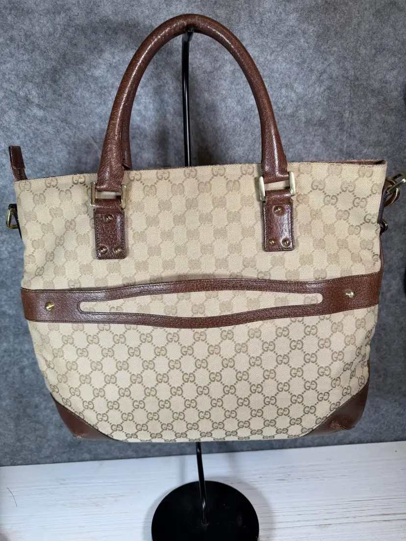 Gucci Vintage GG Canvas Tote – Brown Leather Trim – Made in Italy