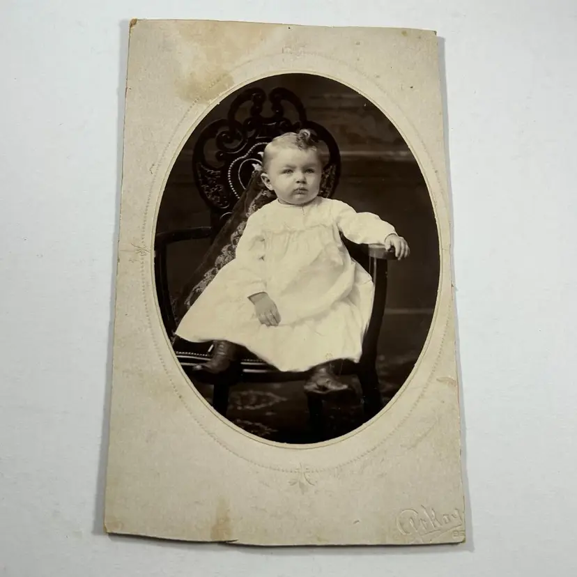 Cabinet Card Baby in White Dress and Boots Curlicue Hair