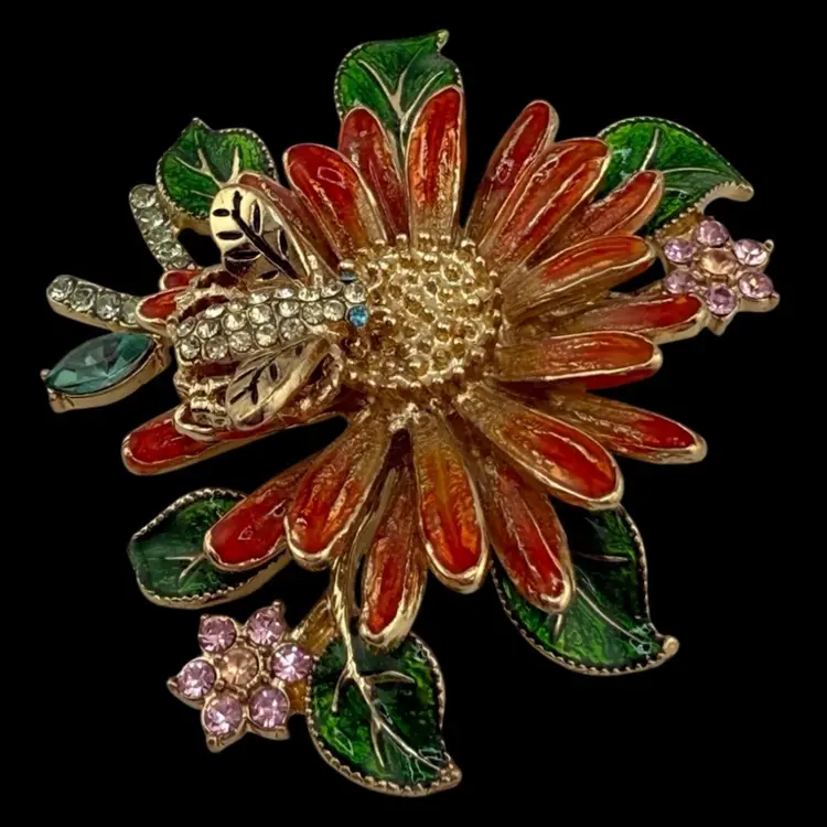 Flower And Bee Rhinestone Enamel Brooch Ann Klein 2"