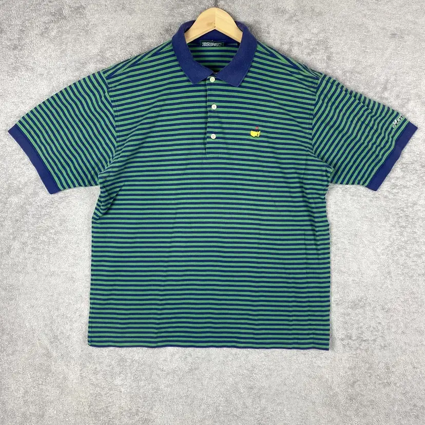 Masters Shirt Mens Large Blue Green Striped PGA Golf Polo Augusta Logo J-3378