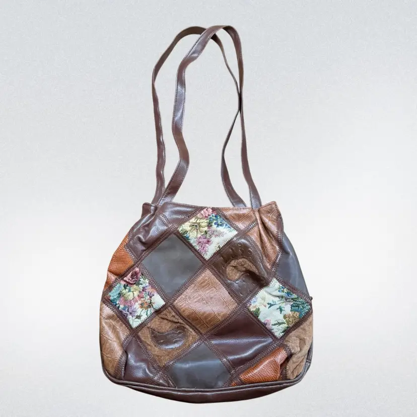 Boho Patchwork Leather Shoulder Bag Purse Embroidered Tapestry Detail, Unbranded