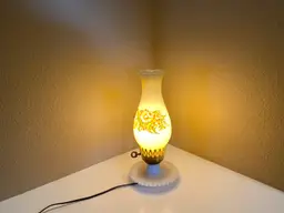 1970s Milk Glass Hurricane Yellow Floral Table Lamp Farmhouse Vintage Shabby Chic