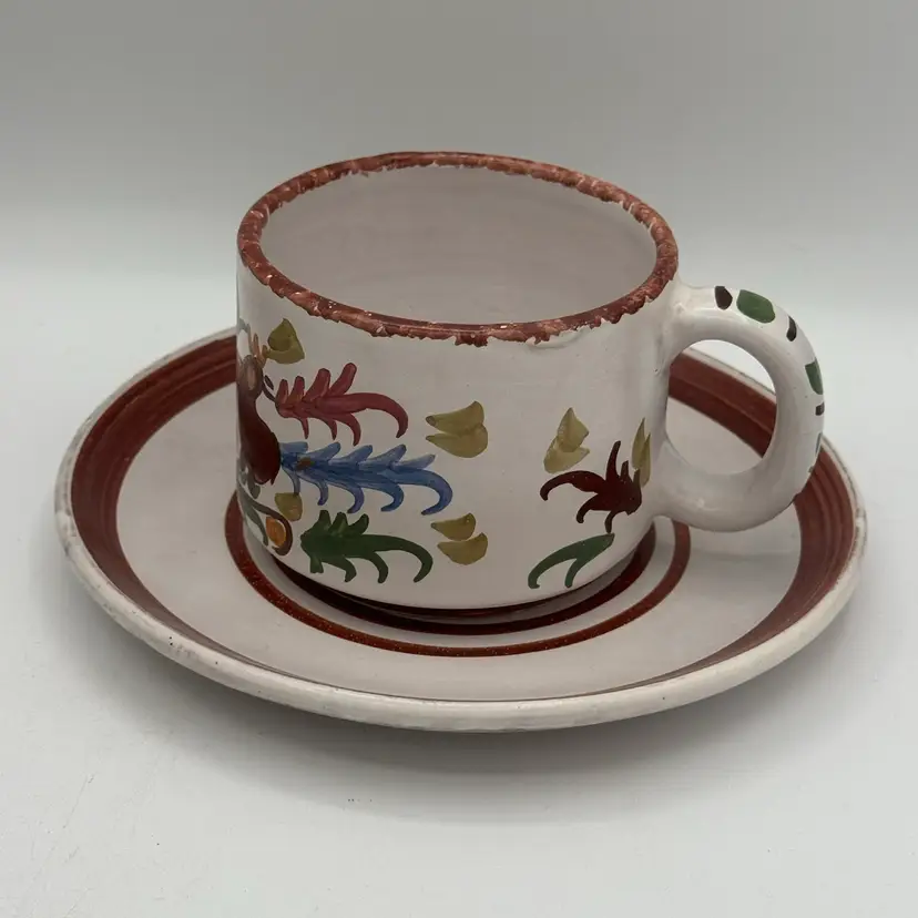 Handmade Greek Pottery Ceramic Coffee Cup And Saucer By Dionysia With Rooster Folk Art Motifs