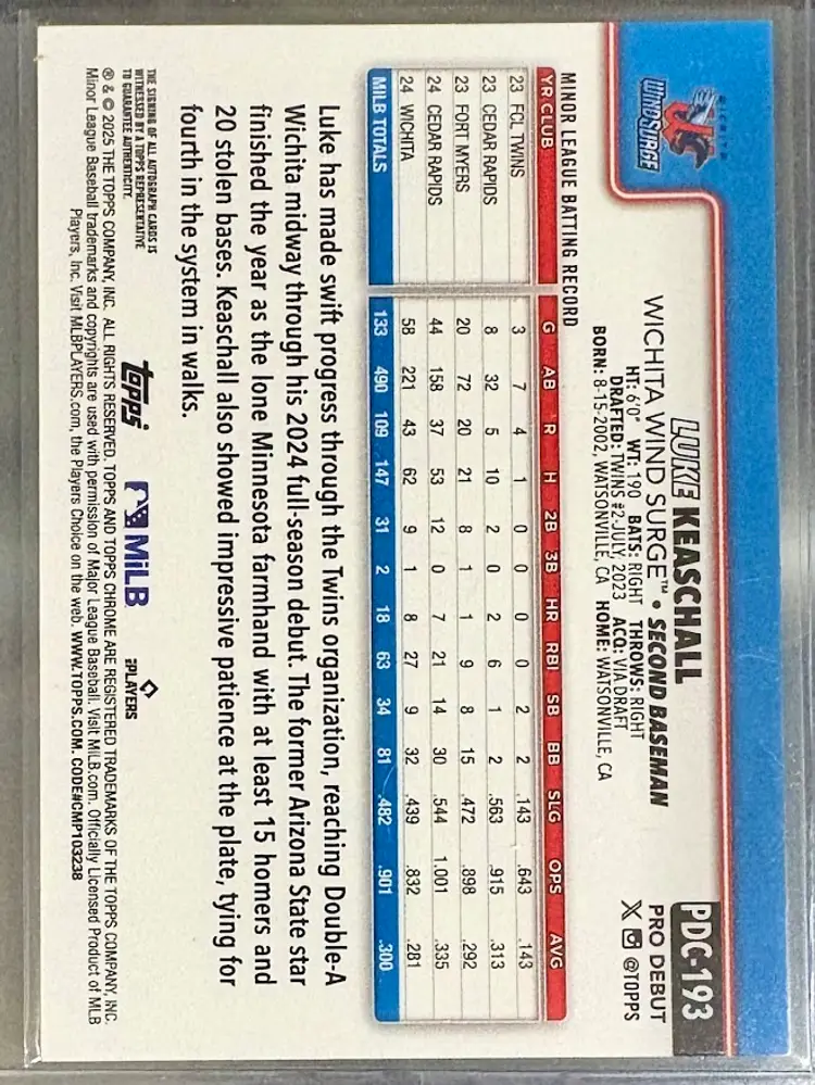 2025 Topps Pro Debut Luke Keaschall Black Chrome Autograph #7/10 Minnesota Twins